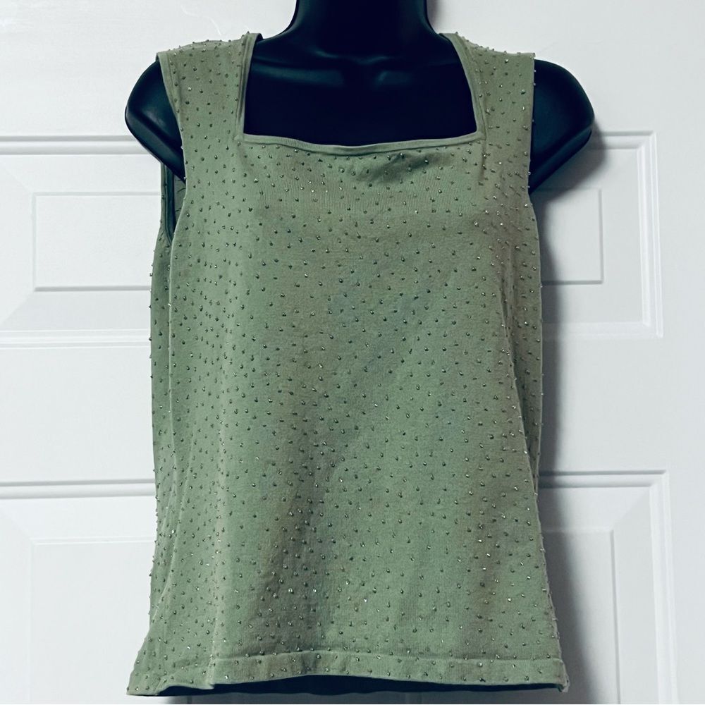 Reba Beaded Sage Green Square Neck Sleeveless Tank Shell Sweater Knit Top L